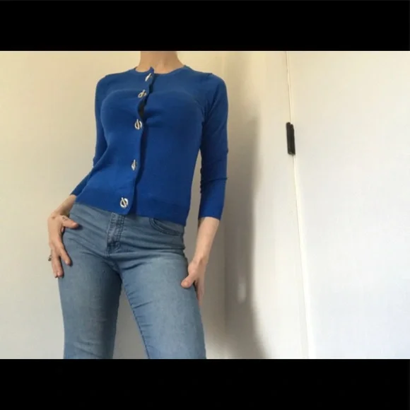 Premise 80’s Style Metal Rivet Closure Blue Nautical Cardigan Coastal Granny - Picture 7 of 16